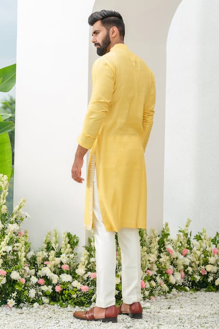 Shop_Amrit Dawani_Yellow , Silk, Satin Embroidery Placed Cutdana Kurta With Trouser _at_Aza_Fashions