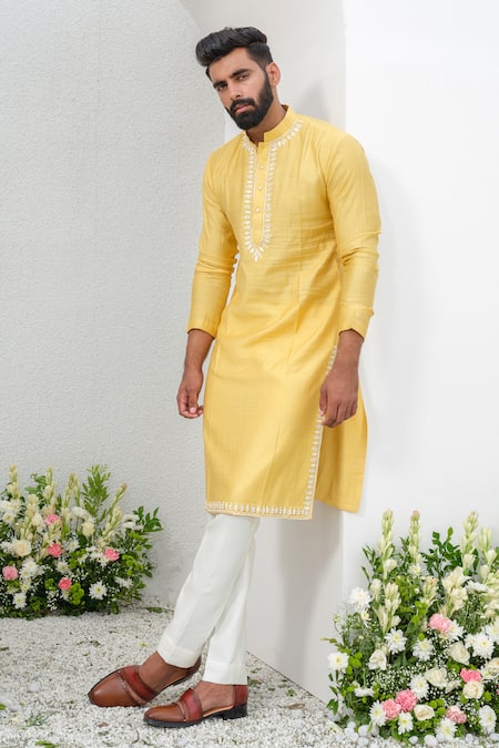 Amrit Dawani_Yellow , Silk, Satin Embroidery Placed Cutdana Kurta With Trouser _Online_at_Aza_Fashions