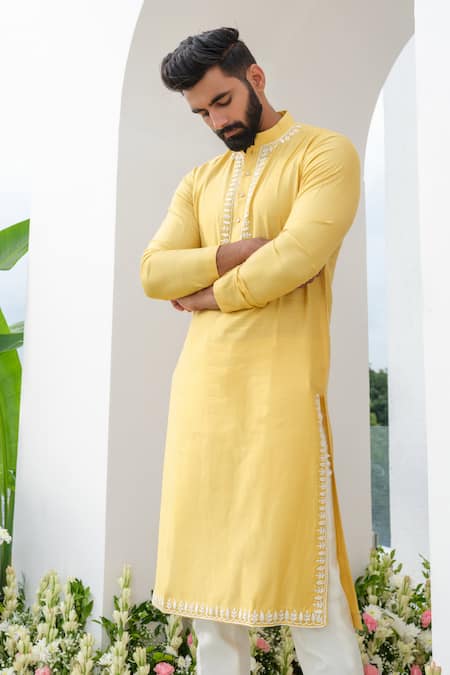 Buy_Amrit Dawani_Yellow , Silk, Satin Embroidery Placed Cutdana Kurta With Trouser _Online_at_Aza_Fashions