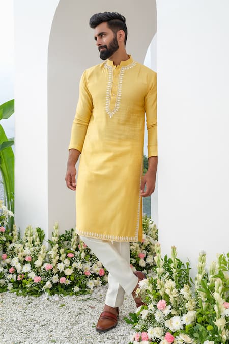 Shop_Amrit Dawani_Yellow , Silk, Satin Embroidery Placed Cutdana Kurta With Trouser _Online_at_Aza_Fashions