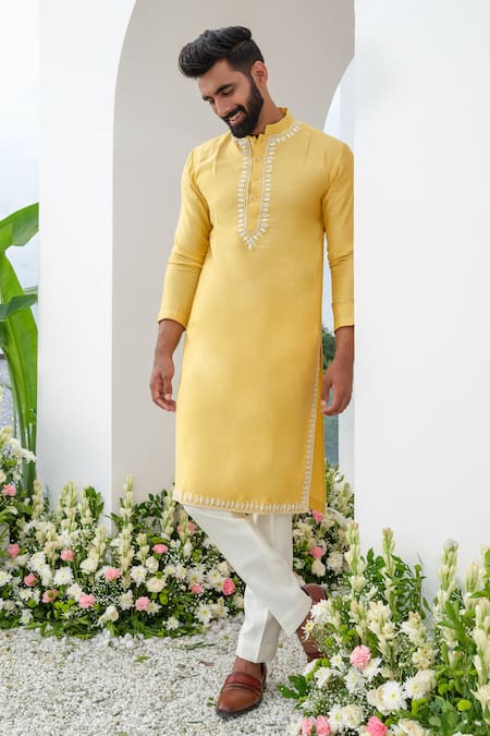 Amrit Dawani_Yellow , Silk, Satin Embroidery Placed Cutdana Kurta With Trouser _at_Aza_Fashions
