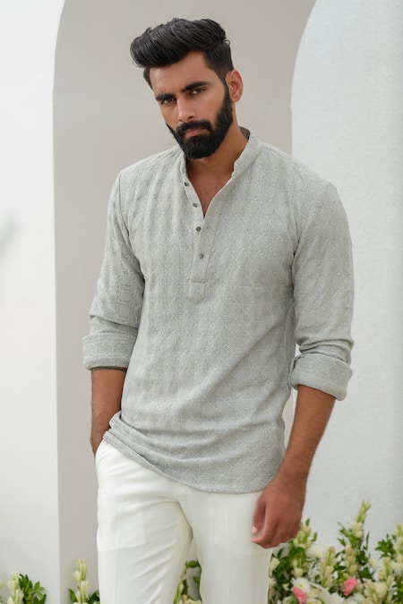 Buy_Amrit Dawani_Grey Linen Embroidery Geometric Short Kurta _Online_at_Aza_Fashions