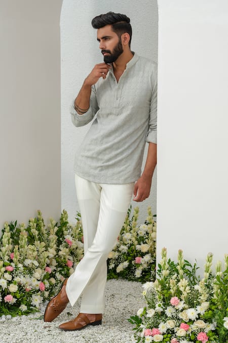 Shop_Amrit Dawani_Grey Linen Embroidery Geometric Short Kurta _Online_at_Aza_Fashions