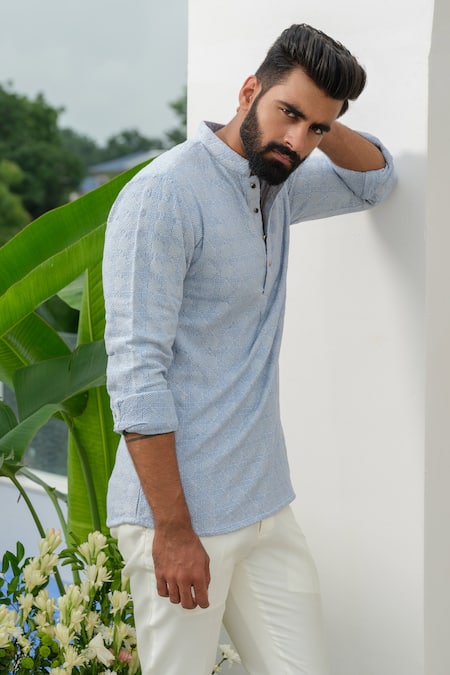 Amrit Dawani_Blue Linen Embroidery Geometric Thread Short Kurta _Online_at_Aza_Fashions