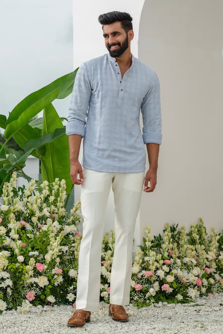 Buy_Amrit Dawani_Blue Linen Embroidery Geometric Thread Short Kurta _Online_at_Aza_Fashions