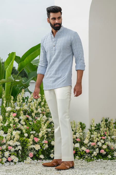 Shop_Amrit Dawani_Blue Linen Embroidery Geometric Thread Short Kurta _Online_at_Aza_Fashions