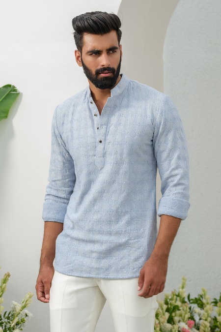 Amrit Dawani_Blue Linen Embroidery Geometric Thread Short Kurta _at_Aza_Fashions