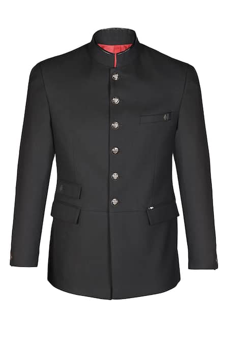 S&N By Shantnu Nikhil_Black Polyester, Spandex Carved Metal Button Bandhgala_Online_at_Aza_Fashions