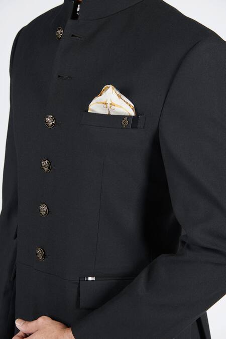 Shop S&N By Shantnu Nikhil Black Polyester, Spandex Carved Metal Button Bandhgala Online at Aza Fashions Shop_S&N By Shantnu Nikhil_Black Polyester, Spandex Carved Metal Button Bandhgala_Online_at_Aza_Fashions