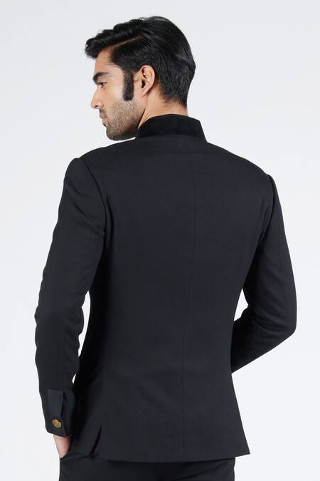 Shop S&N By Shantnu Nikhil Black Brocade Velvet Patched Placket Bandhgala at Aza Fashions Shop_S&N By Shantnu Nikhil_Black Brocade Velvet Patched Placket Bandhgala_at_Aza_Fashions