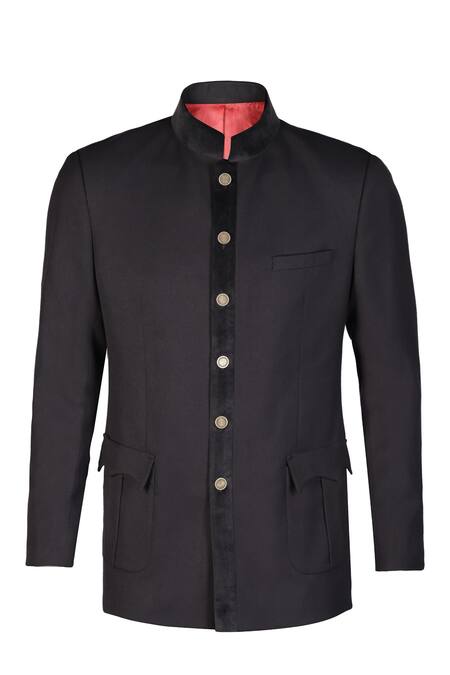 S&N By Shantnu Nikhil_Black Brocade Velvet Patched Placket Bandhgala_Online_at_Aza_Fashions