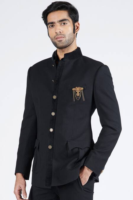 Buy S&N By Shantnu Nikhil Black Brocade Velvet Patched Placket Bandhgala Online at Aza Fashions Buy_S&N By Shantnu Nikhil_Black Brocade Velvet Patched Placket Bandhgala_Online_at_Aza_Fashions