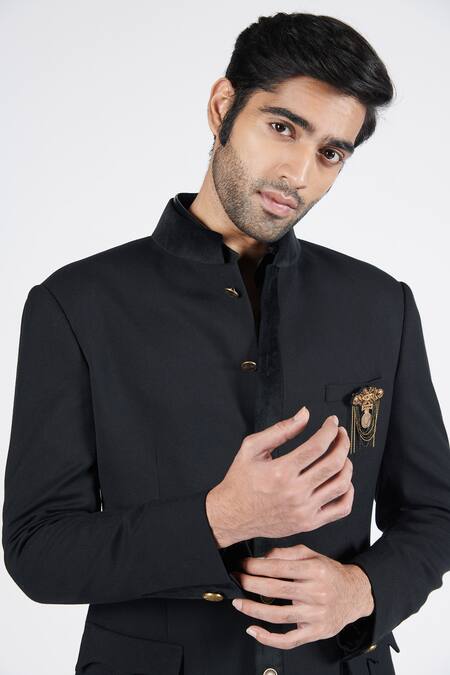 Shop S&N By Shantnu Nikhil Black Brocade Velvet Patched Placket Bandhgala Online at Aza Fashions Shop_S&N By Shantnu Nikhil_Black Brocade Velvet Patched Placket Bandhgala_Online_at_Aza_Fashions