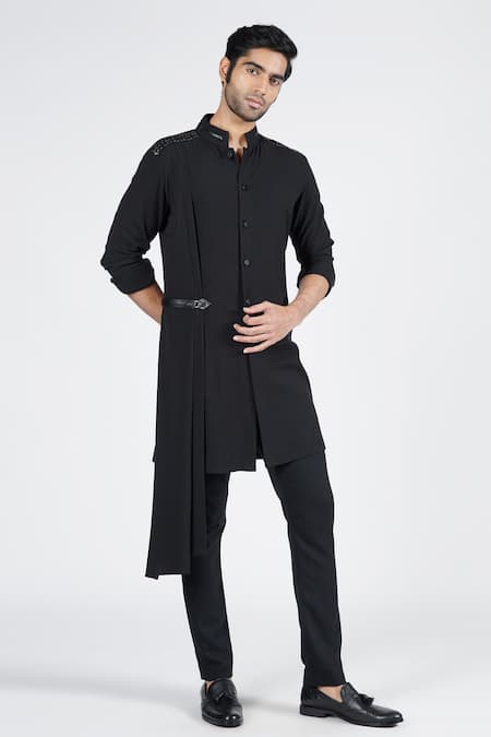 S&N by Shantnu Nikhil Black Suiting Brushed Embroidered Faux Leather Nehru Collar Draped Kurta 