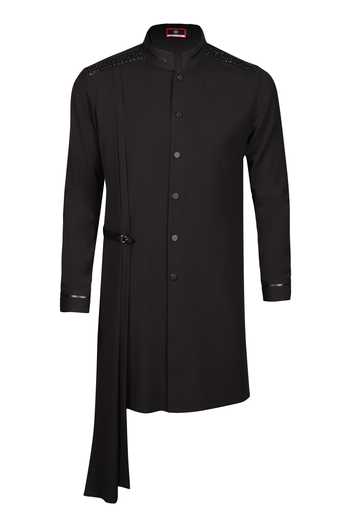 S&N By Shantnu Nikhil_Black Suede Embroidery Nehru Collar Draped Kurta_Online_at_Aza_Fashions
