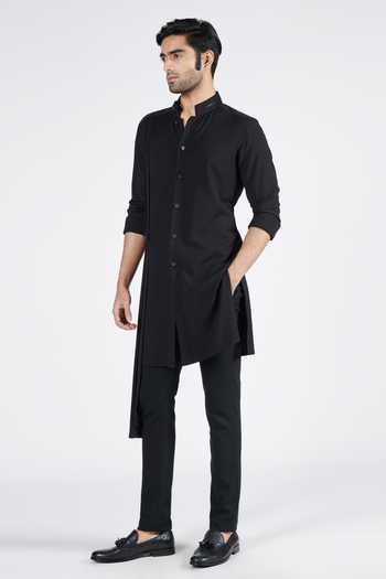 Buy S&N By Shantnu Nikhil Black Suede Embroidery Nehru Collar Draped Kurta Online at Aza Fashions Buy_S&N By Shantnu Nikhil_Black Suede Embroidery Nehru Collar Draped Kurta_Online_at_Aza_Fashions