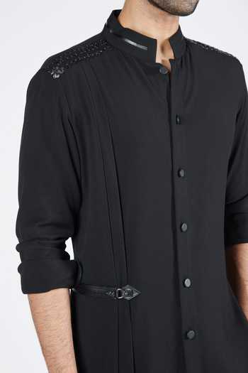Shop S&N By Shantnu Nikhil Black Suede Embroidery Nehru Collar Draped Kurta Online at Aza Fashions Shop_S&N By Shantnu Nikhil_Black Suede Embroidery Nehru Collar Draped Kurta_Online_at_Aza_Fashions