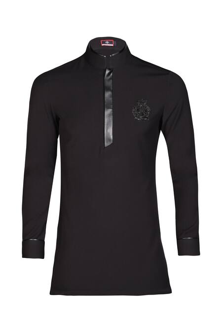 S&N By Shantnu Nikhil_Black Suede Embroidery Crested Short Kurta_Online_at_Aza_Fashions