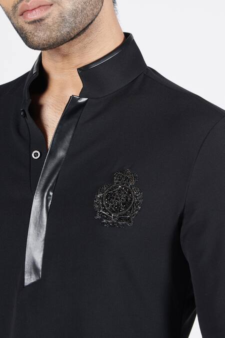 Buy_S&N By Shantnu Nikhil_Black Suede Embroidery Crested Short Kurta_Online_at_Aza_Fashions