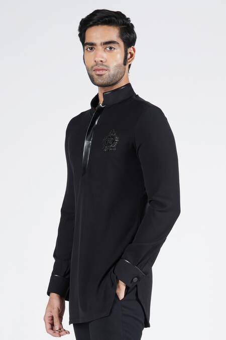 Shop_S&N By Shantnu Nikhil_Black Suede Embroidery Crested Short Kurta_Online_at_Aza_Fashions