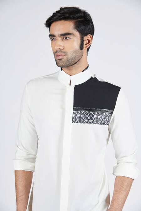 Buy_S&N By Shantnu Nikhil_Off White Polyester, Viscose Placement Printed Kurta_Online_at_Aza_Fashions