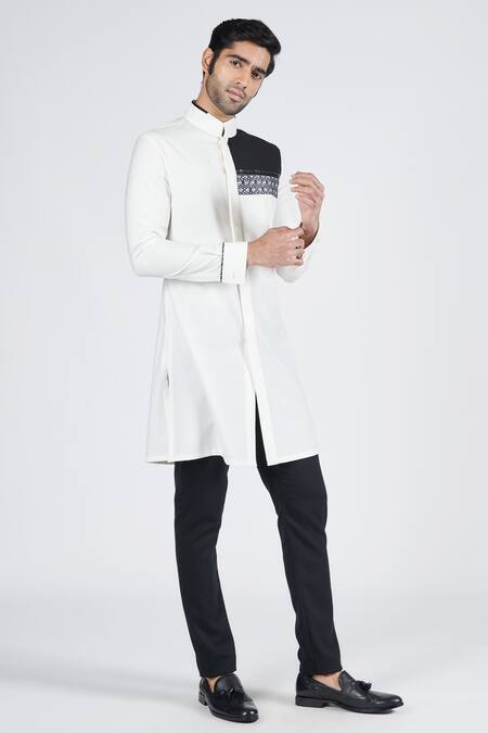 Shop_S&N By Shantnu Nikhil_Off White Polyester, Viscose Placement Printed Kurta_Online_at_Aza_Fashions