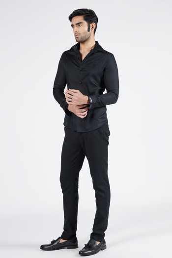 Buy_S&N By Shantnu Nikhil_Black Polyester Embroidery Slim Fit Textured Shirt_Online_at_Aza_Fashions