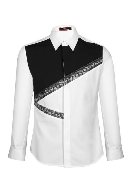 S&N By Shantnu Nikhil_Off White Polyester, Viscose Colorblock Printed Patch Shirt_Online_at_Aza_Fashions