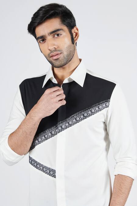 Buy S&N By Shantnu Nikhil Off White Polyester, Viscose Colorblock Printed Patch Shirt Online at Aza Fashions Buy_S&N By Shantnu Nikhil_Off White Polyester, Viscose Colorblock Printed Patch Shirt_Online_at_Aza_Fashions