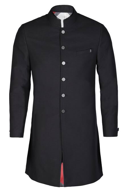 S&N By Shantnu Nikhil_Black Cotton Textured Nehruvian Collar Sherwani_Online_at_Aza_Fashions