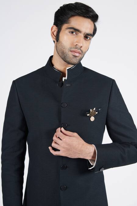 Buy_S&N By Shantnu Nikhil_Black Cotton Textured Nehruvian Collar Sherwani_Online_at_Aza_Fashions