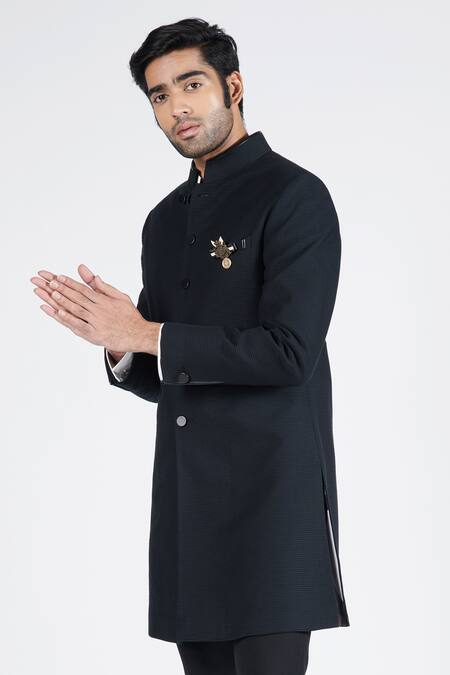 Shop_S&N By Shantnu Nikhil_Black Cotton Textured Nehruvian Collar Sherwani_Online_at_Aza_Fashions