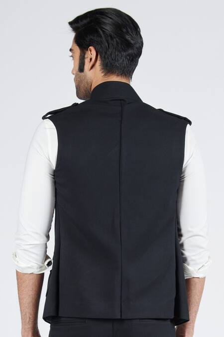 Shop S&N By Shantnu Nikhil Black Embroidery Handcrafted Crest Waistcoat at Aza Fashions Shop_S&N By Shantnu Nikhil_Black Embroidery Handcrafted Crest Waistcoat_at_Aza_Fashions