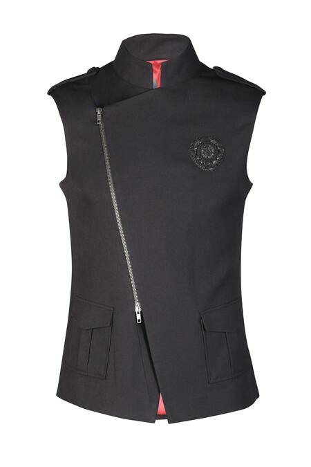 S&N By Shantnu Nikhil_Black Embroidery Handcrafted Crest Waistcoat_Online_at_Aza_Fashions