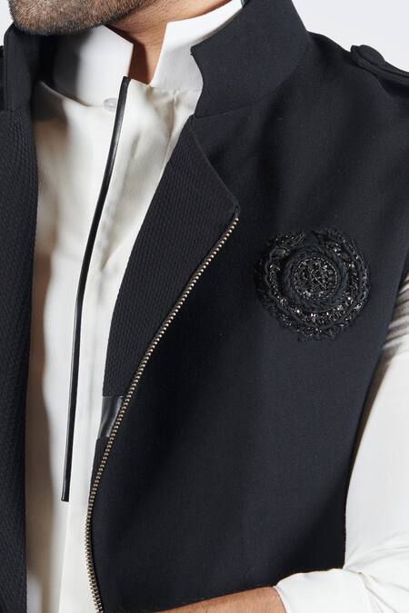 Buy S&N By Shantnu Nikhil Black Embroidery Handcrafted Crest Waistcoat Online at Aza Fashions Buy_S&N By Shantnu Nikhil_Black Embroidery Handcrafted Crest Waistcoat_Online_at_Aza_Fashions