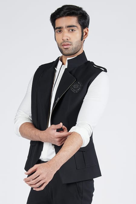 Shop S&N By Shantnu Nikhil Black Embroidery Handcrafted Crest Waistcoat Online at Aza Fashions Shop_S&N By Shantnu Nikhil_Black Embroidery Handcrafted Crest Waistcoat_Online_at_Aza_Fashions