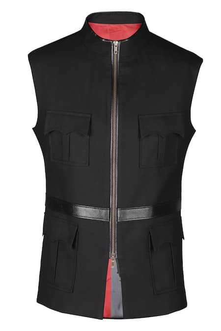 S&N By Shantnu Nikhil_Black Faux Leather Patchwork Waistcoat_Online_at_Aza_Fashions