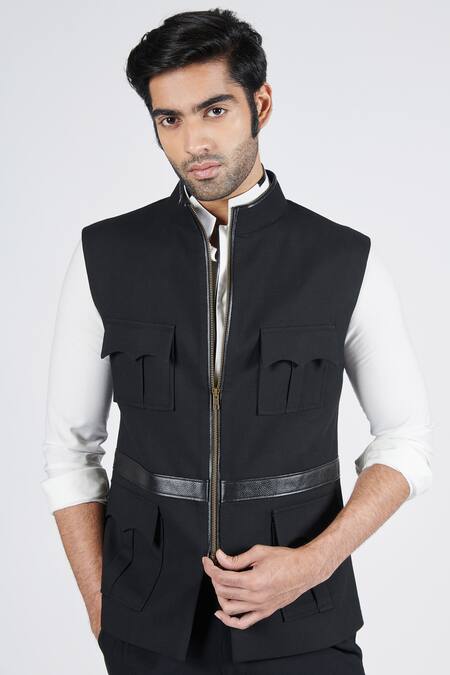 Buy_S&N By Shantnu Nikhil_Black Faux Leather Patchwork Waistcoat_Online_at_Aza_Fashions