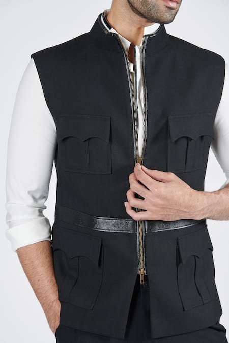 Shop_S&N By Shantnu Nikhil_Black Faux Leather Patchwork Waistcoat_Online_at_Aza_Fashions