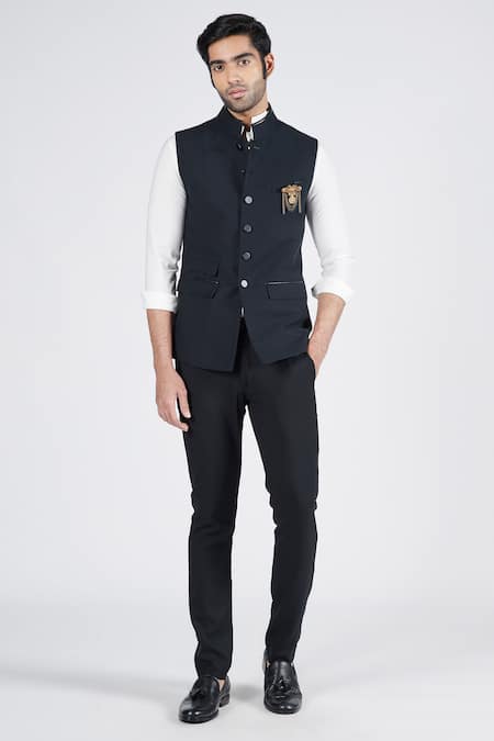 S&N by Shantnu Nikhil Faux Leather Patchwork Textured Waistcoat 