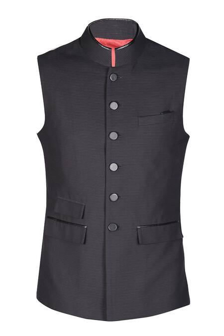 S&N By Shantnu Nikhil_Black Cotton Faux Leather Patchwork Textured Waistcoat_Online_at_Aza_Fashions
