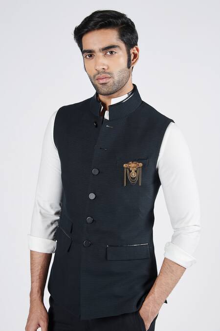 Buy_S&N By Shantnu Nikhil_Black Cotton Faux Leather Patchwork Textured Waistcoat_Online_at_Aza_Fashions