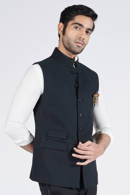 Shop_S&N By Shantnu Nikhil_Black Cotton Faux Leather Patchwork Textured Waistcoat_Online_at_Aza_Fashions