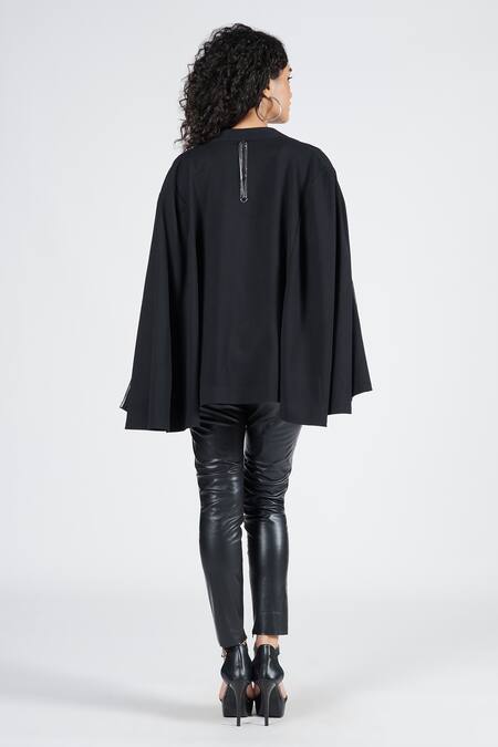 Shop_S&N By Shantnu Nikhil_Black Pleated Cape With Faux Leather Detail_at_Aza_Fashions
