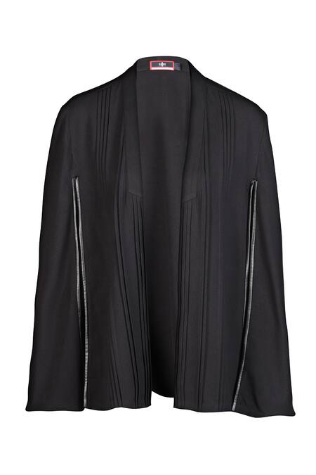 S&N By Shantnu Nikhil_Black Pleated Cape With Faux Leather Detail_Online_at_Aza_Fashions