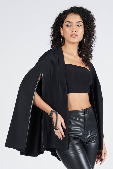 Shop_S&N By Shantnu Nikhil_Black Pleated Cape With Faux Leather Detail_Online_at_Aza_Fashions