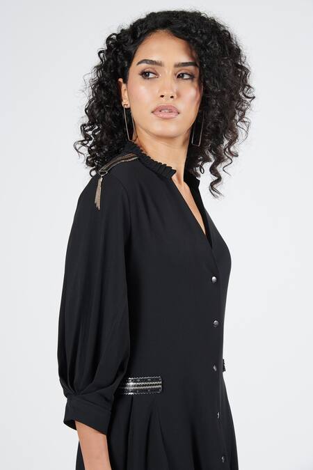 Buy_S&N By Shantnu Nikhil_Black Brocade V-neck Fau Leather Detailed Asymmetric Dress_Online_at_Aza_Fashions