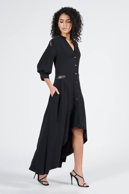 Shop_S&N By Shantnu Nikhil_Black Brocade V-neck Fau Leather Detailed Asymmetric Dress_Online_at_Aza_Fashions