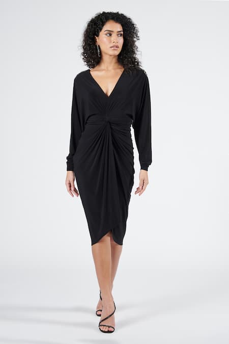 S&N by Shantnu Nikhil Black Poly Jersey Embroidered Patchwork V Neck Twisted Draped Dress 