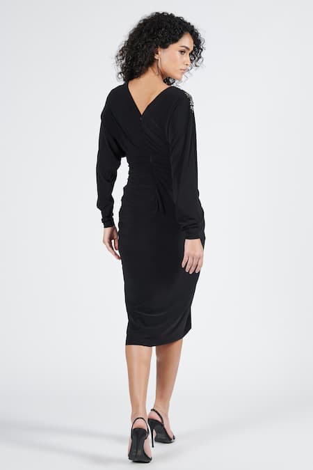 Shop_S&N By Shantnu Nikhil_Black Polyester, Faux Leather Embroidery, Patchwork V-neck Twisted Draped Dress_at_Aza_Fashions
